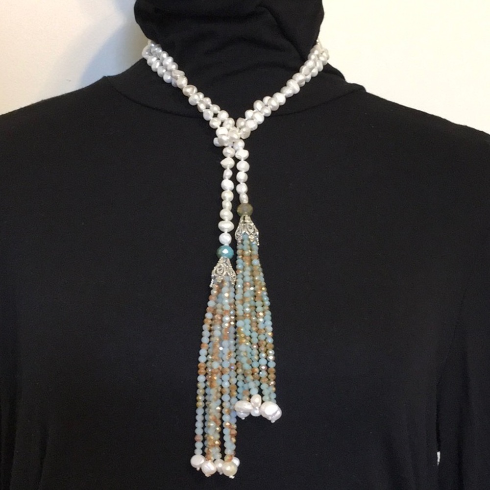 Gorgeous Genuine Freshwater Pearl & Crystal Lariat - Picture 1 of 8